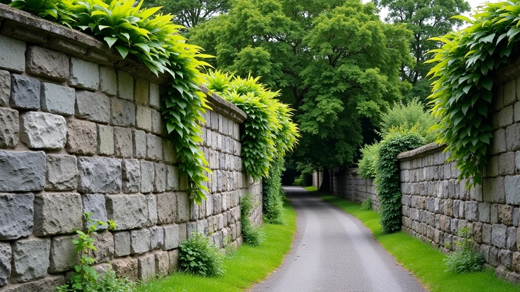 Ancient stone wall with weathered masonry and climbing ivy, medieval fortification architecture detail