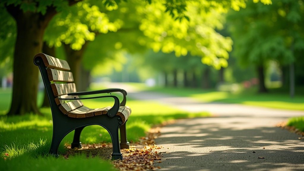 Comfortable wooden bench positioned in park setting with shade from trees, peaceful resting area