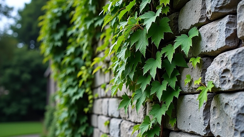 Historic stone castle wall with green ivy, ancient fortification detail, weathered masonry