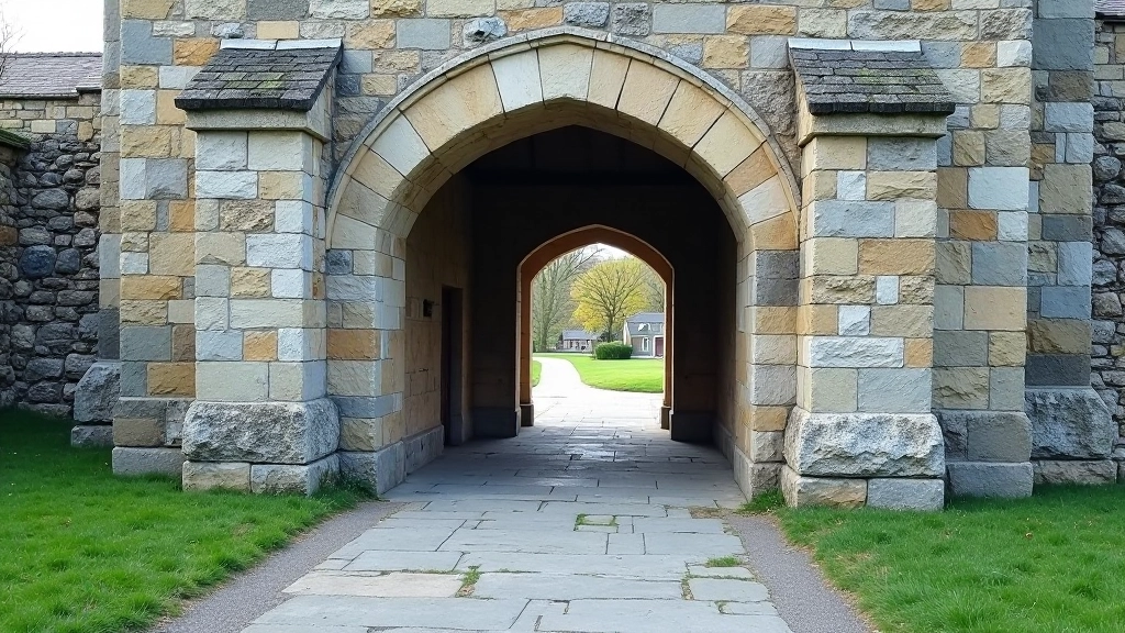 Medieval stone archway gate structure, ancient entrance to fortified town, historic architecture
