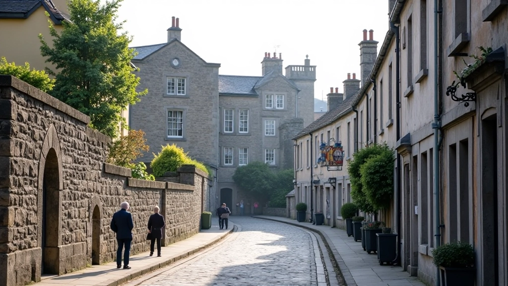 Scenic view of historic town walls integrated into modern streetscape, medieval stone architecture