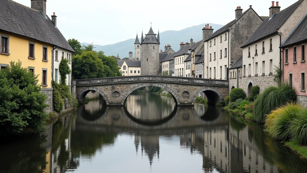 River landscape with stone bridge and medieval town buildings, heritage waterfront scene
