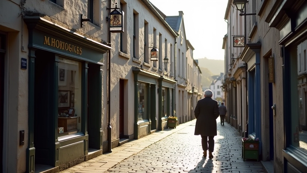 Row of historic shopfronts with medieval stone facades, narrow windows, and traditional shop signage on narrow street