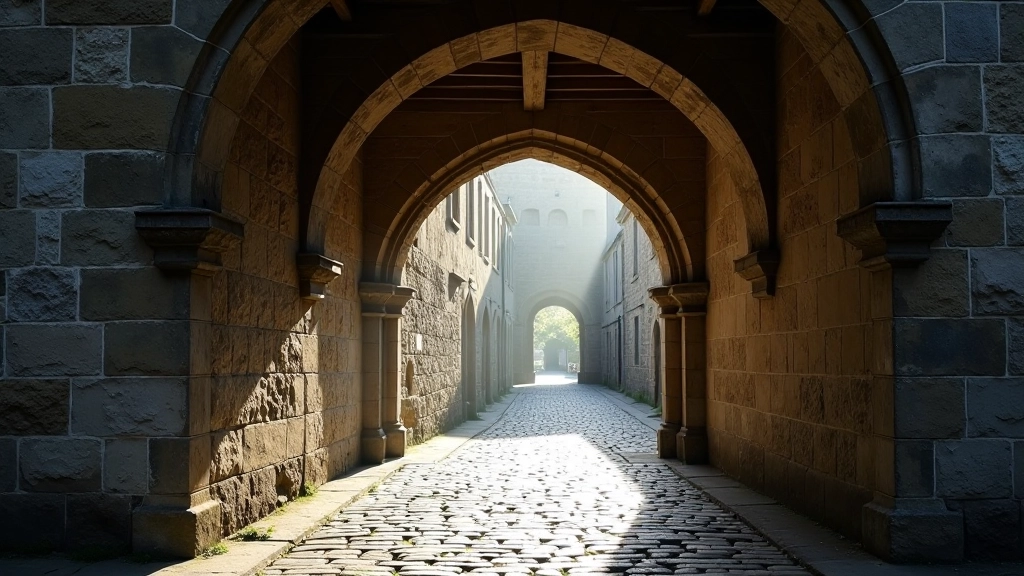 Stone medieval archway in Kilkenny's historic walled town, sunlight streaming through, ancient architecture
