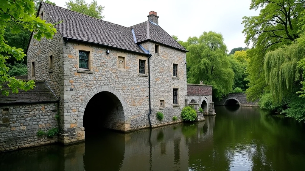 Historic mill building with stone architecture reflected in river water, surrounding trees and walking path visible