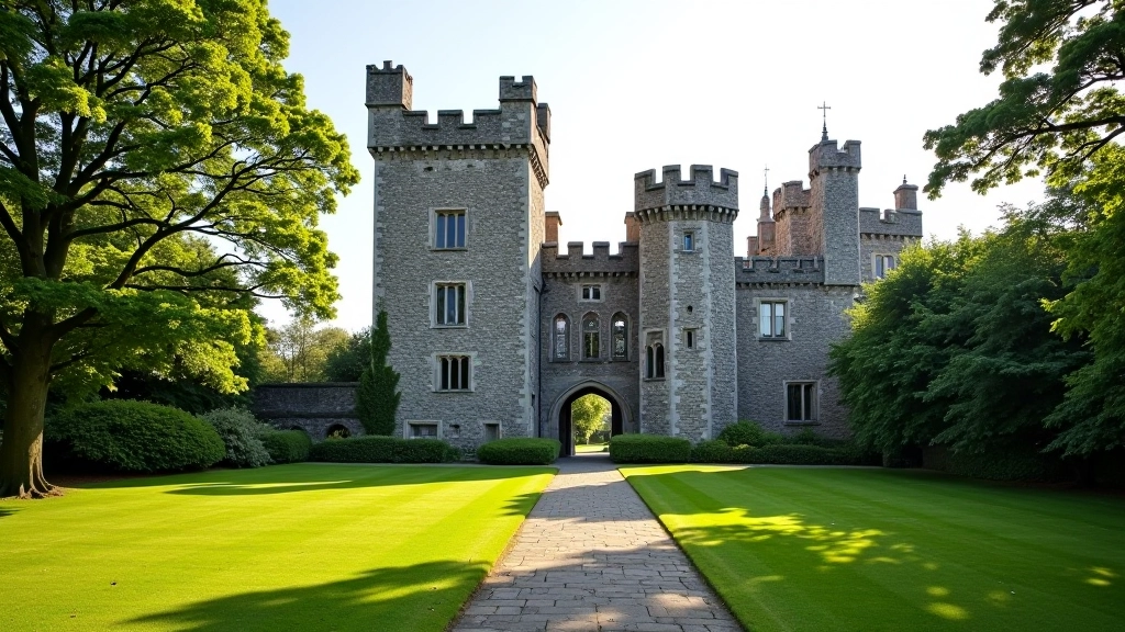 Historic Kilkenny Castle entrance with manicured lawns and medieval stone fortifications