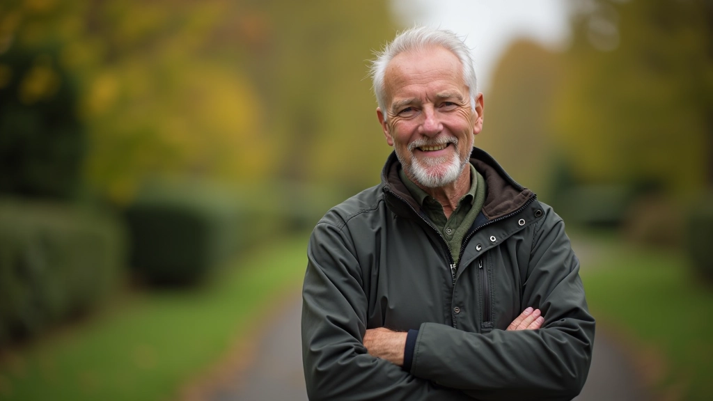 Friendly walking guide, man in comfortable walking attire, welcoming demeanor, outdoor setting
