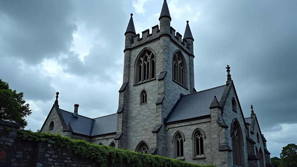 Ancient stone church tower with gothic arched windows and weathered medieval masonry against cloudy sky