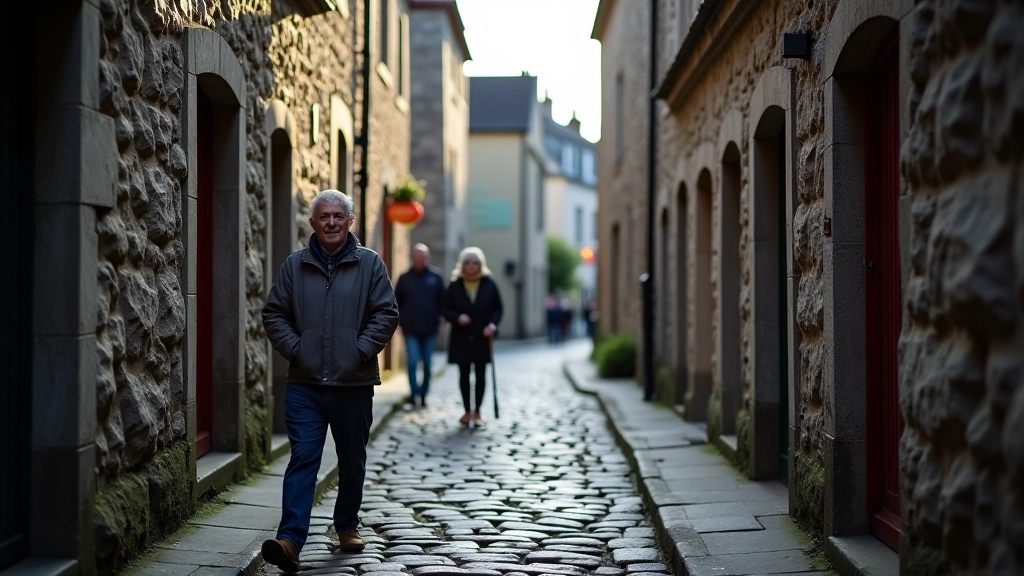 Narrow medieval cobblestone street lined with historic stone buildings, traditional Irish architecture