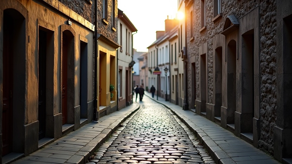 Medieval cobblestone street sloping gently downward with historic stone buildings and shop windows on both sides