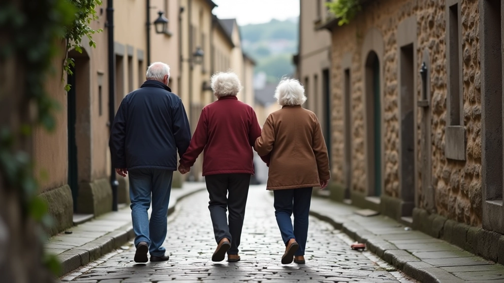 Older adults enjoying a peaceful walk through historic medieval town streets