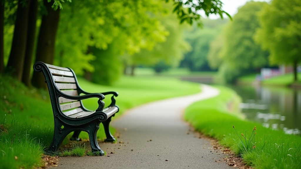 Multiple park benches arranged along riverside path with water visible, scenic resting spots