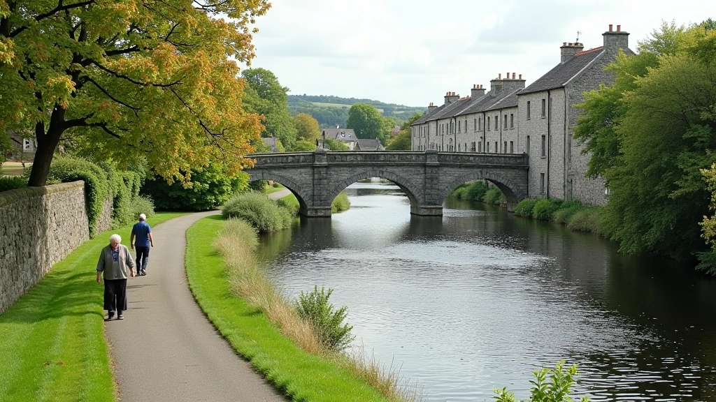 Scenic riverside walking path with historic stone architecture and peaceful landscape