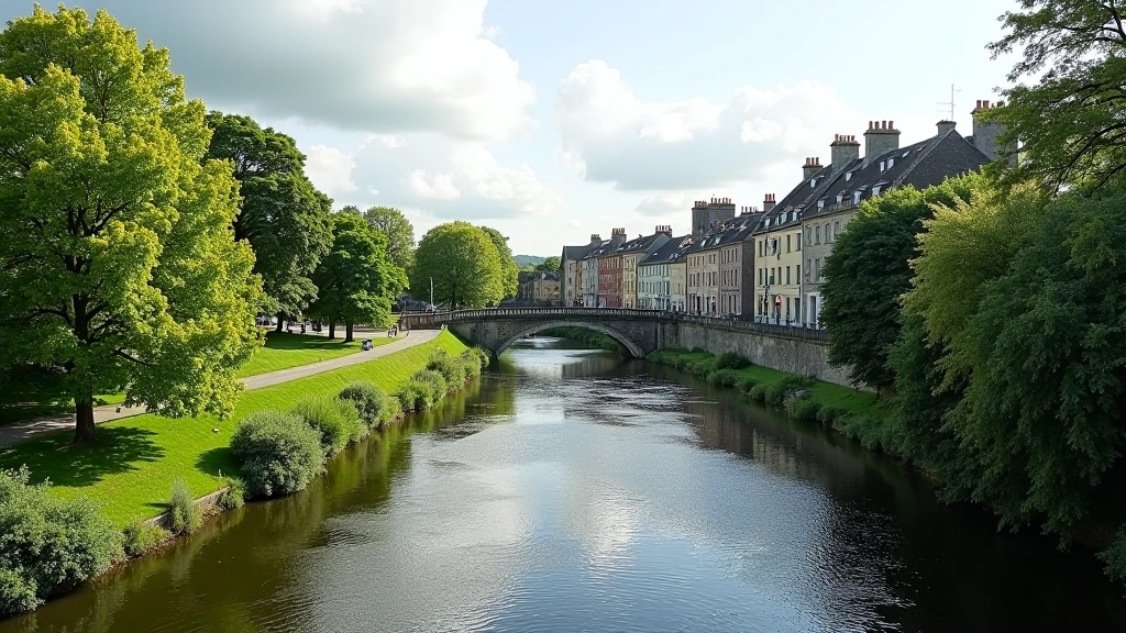 River Nore flowing past green banks with historic buildings in background, peaceful water scene