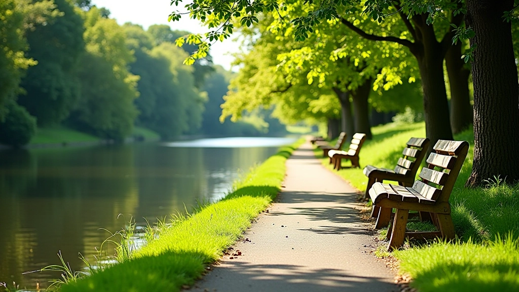 Peaceful riverside path with benches overlooking water, green vegetation lining the banks, clear visibility for accessibility