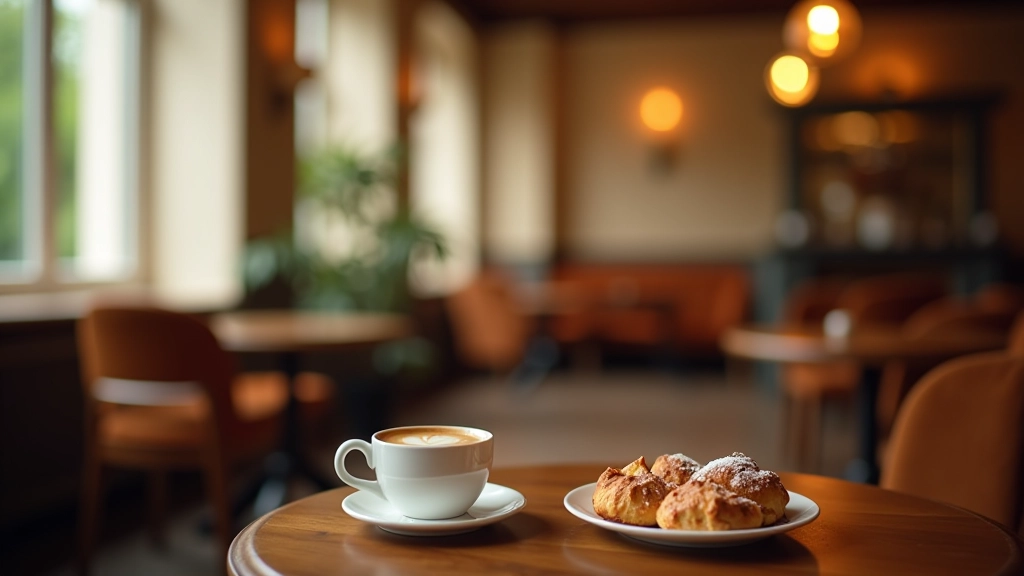 Cozy café interior with comfortable seating near window, warm lighting, coffee and pastries on table