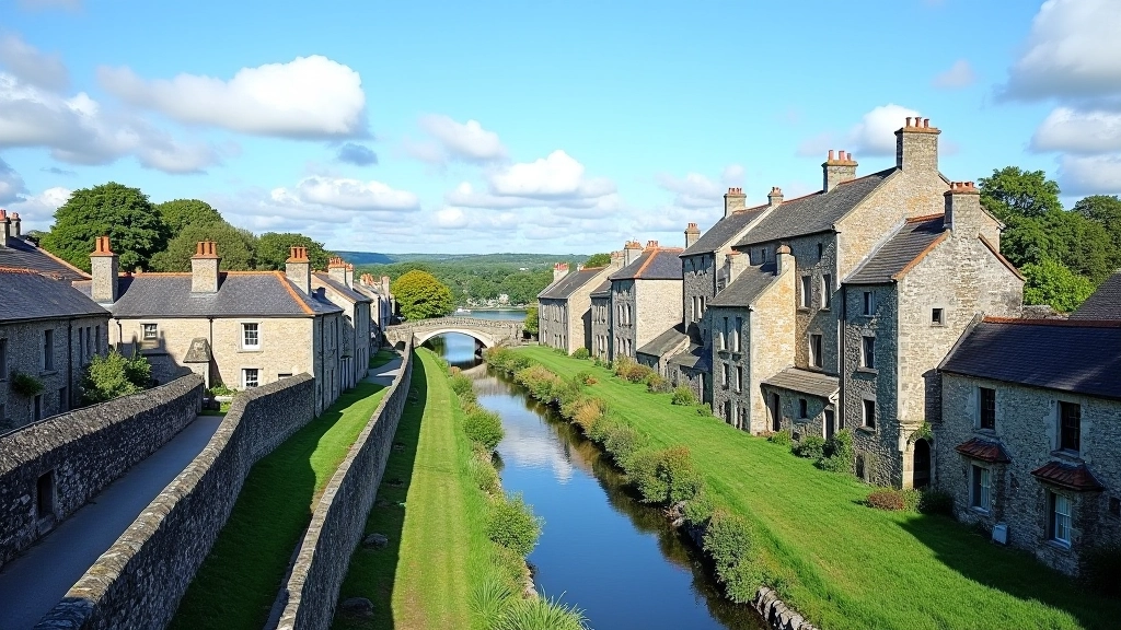 Kilkenny's historic walled town with medieval architecture and river views, sunny day with clear sky