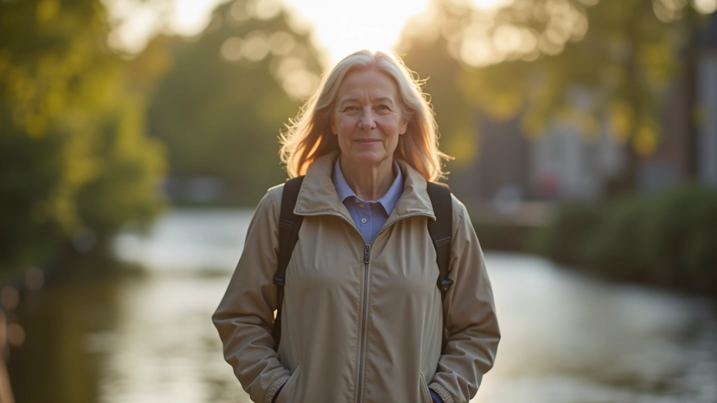 Knowledgeable walking tour guide, woman with welcoming presence, comfortable outdoor clothing