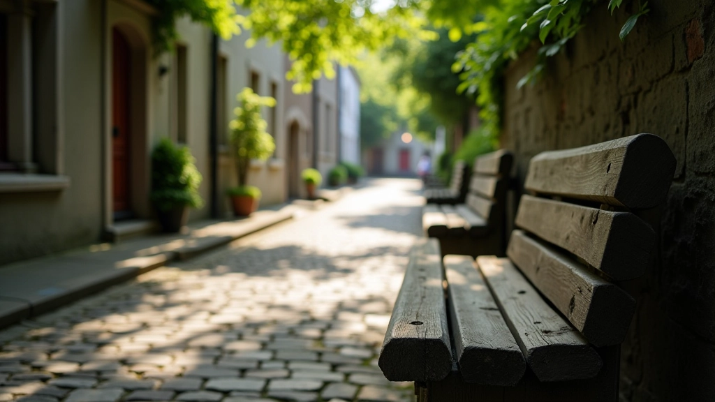 Wooden park bench on quiet street corner with historic buildings, dappled shade from trees, peaceful setting