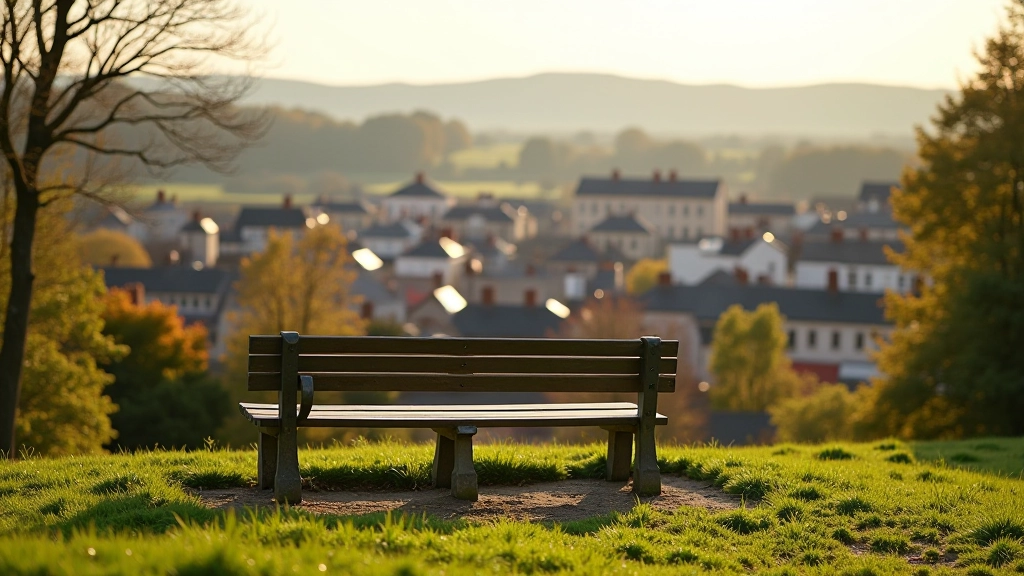Park bench overlooking town rooftops and historic buildings, resting spot with views